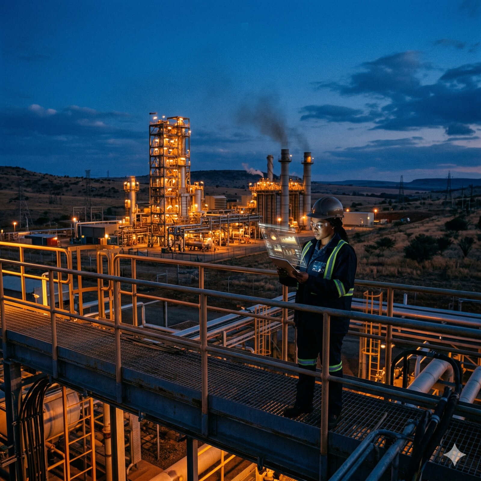 Energy infrastructure at dusk — engineer with tablet