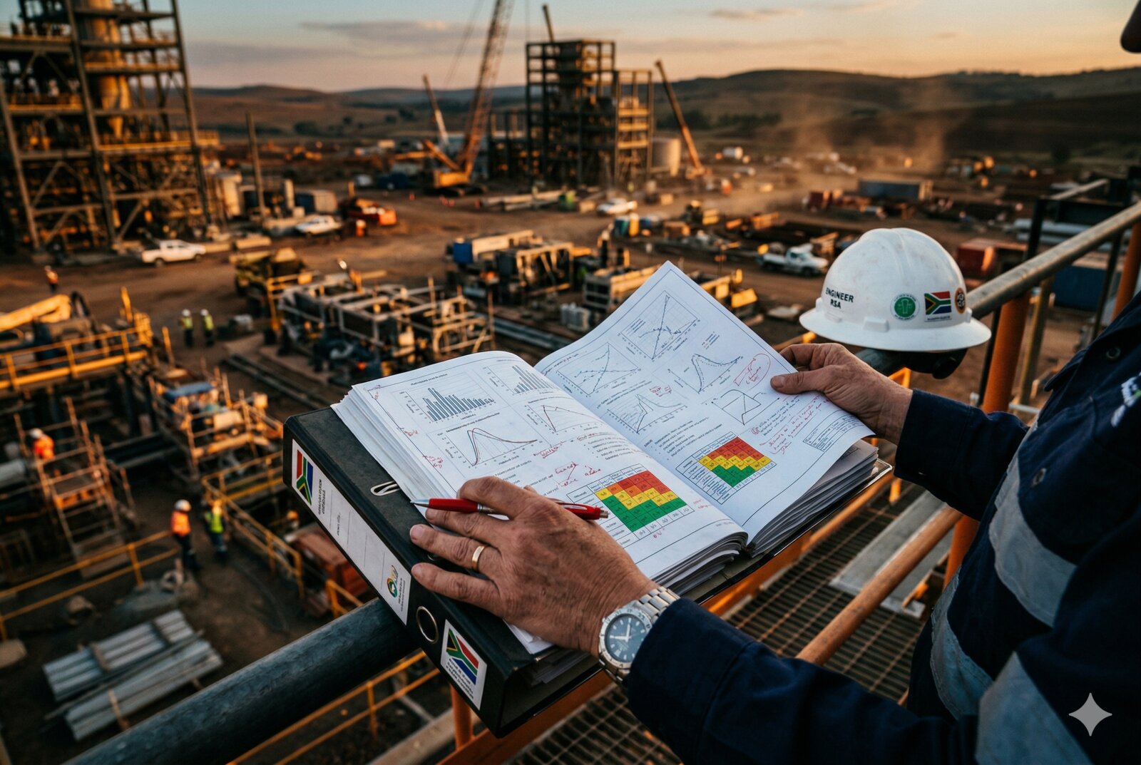 Engineer reviewing technical reports on site