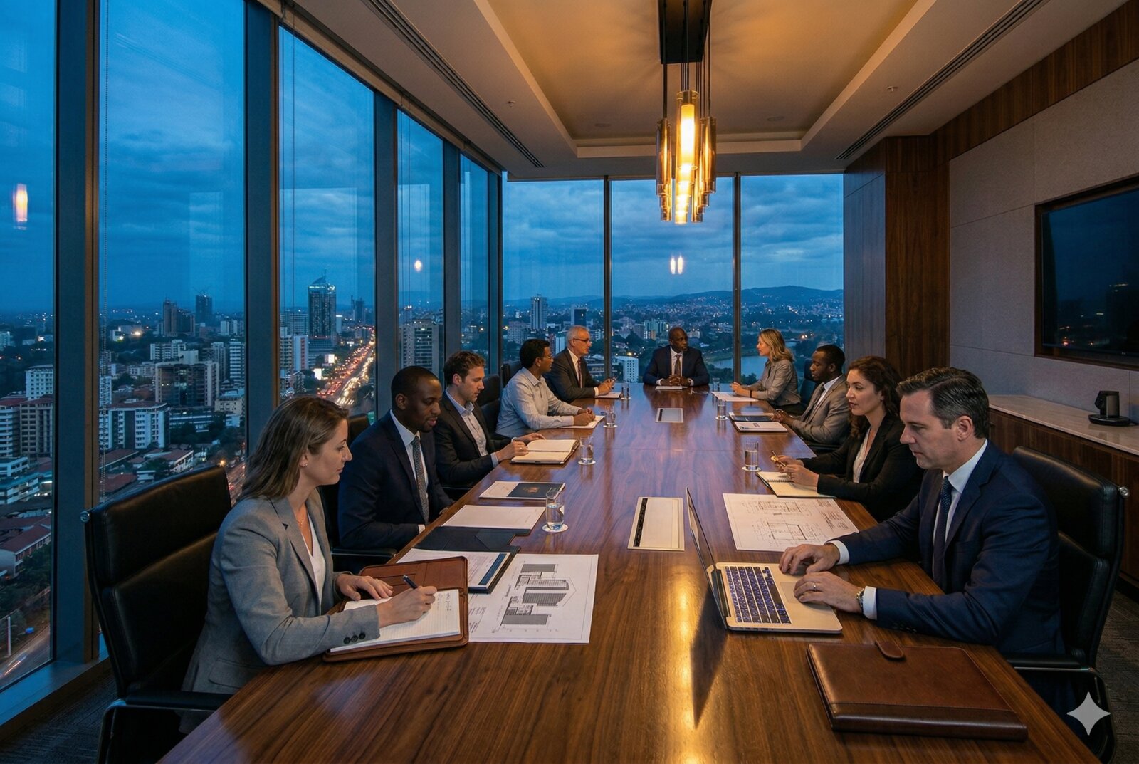 Boardroom with city skyline at dusk